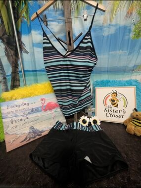 Striped V-Neck Tankini Top & Black Swim Shorts Set - Blue, Teal, Pink Stripes